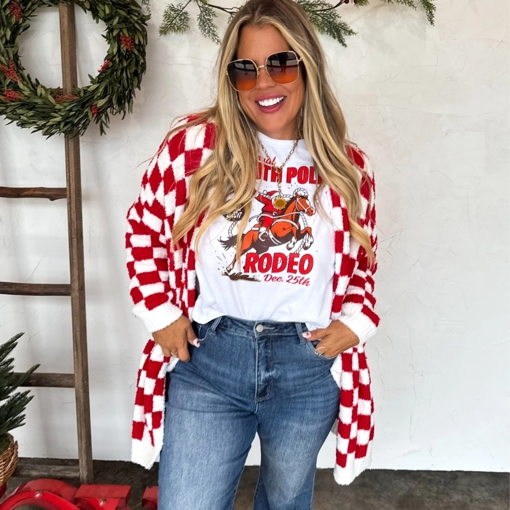 Red and White Checkered Women's Cardigan